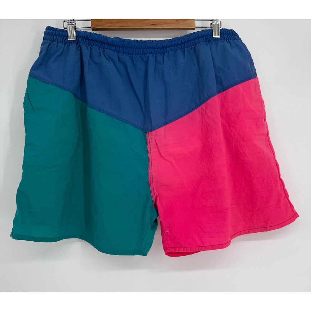 Vintage Patrician Colorblock Swim Trunks Mens Blue Teal Pink 90s Nylon Sz XL
